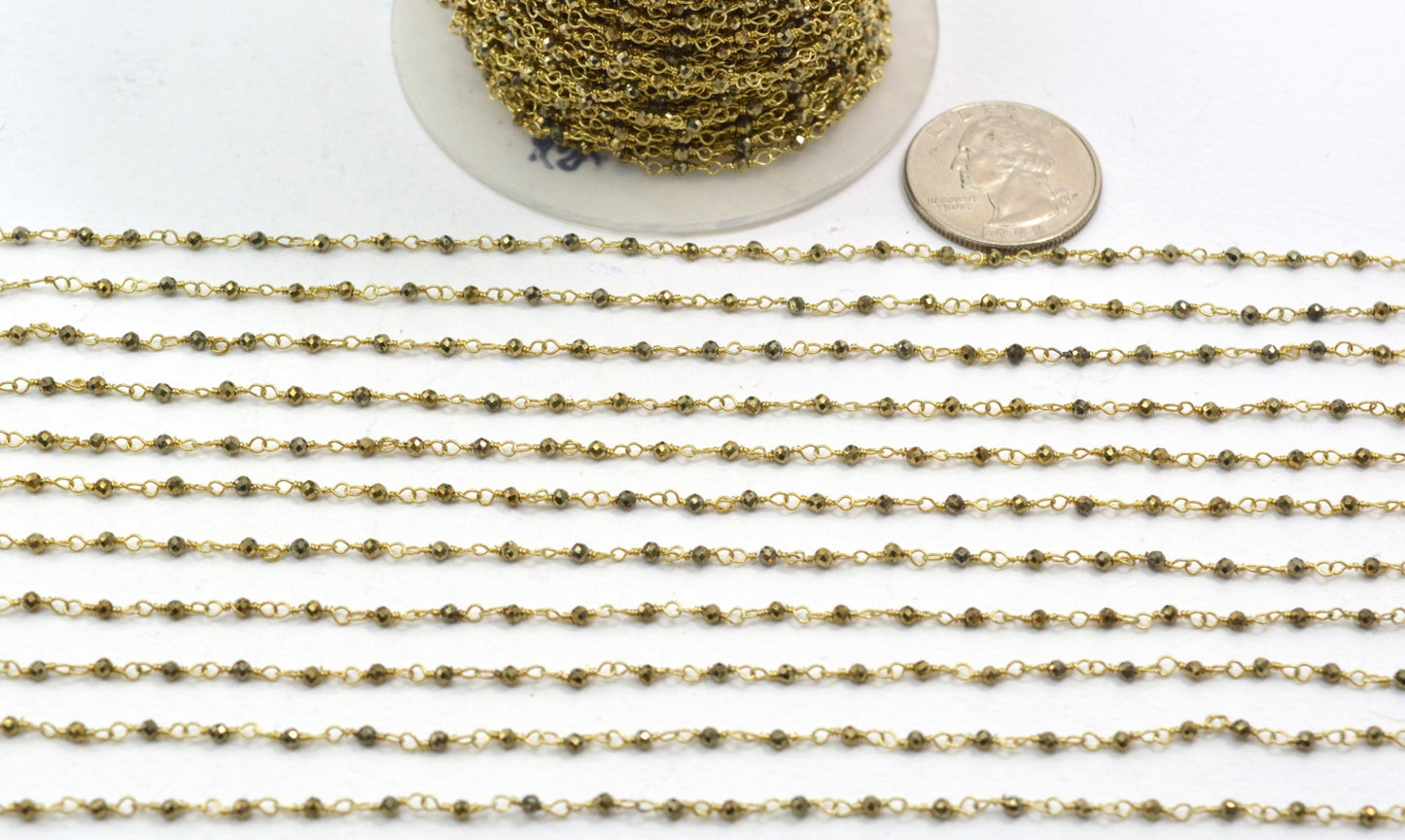 Pyrite Rosary Chain - 925 Silver Gold, 2mm