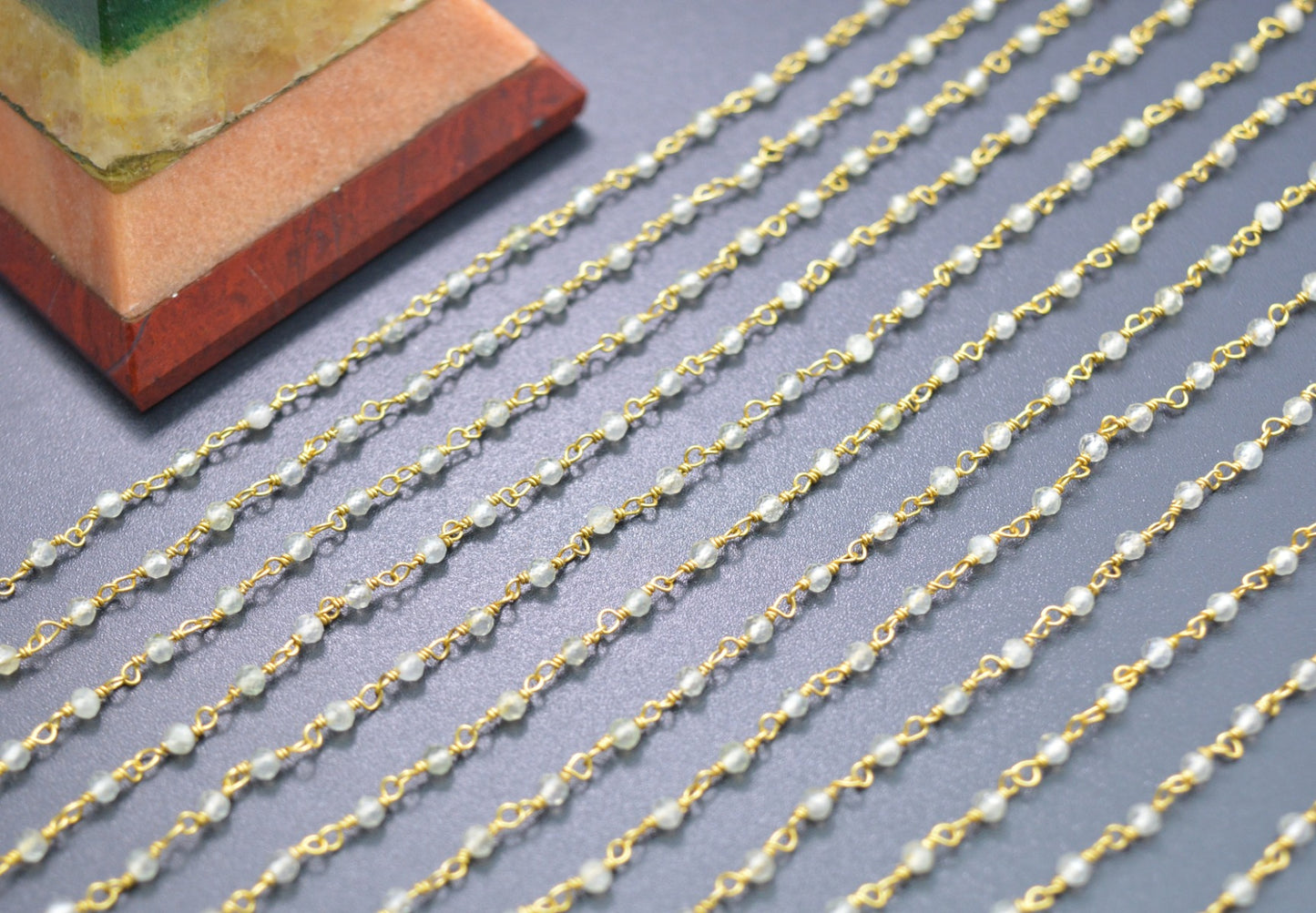 Unique Prehnite Rosary Chain in 925 Silver Gold - 2mm