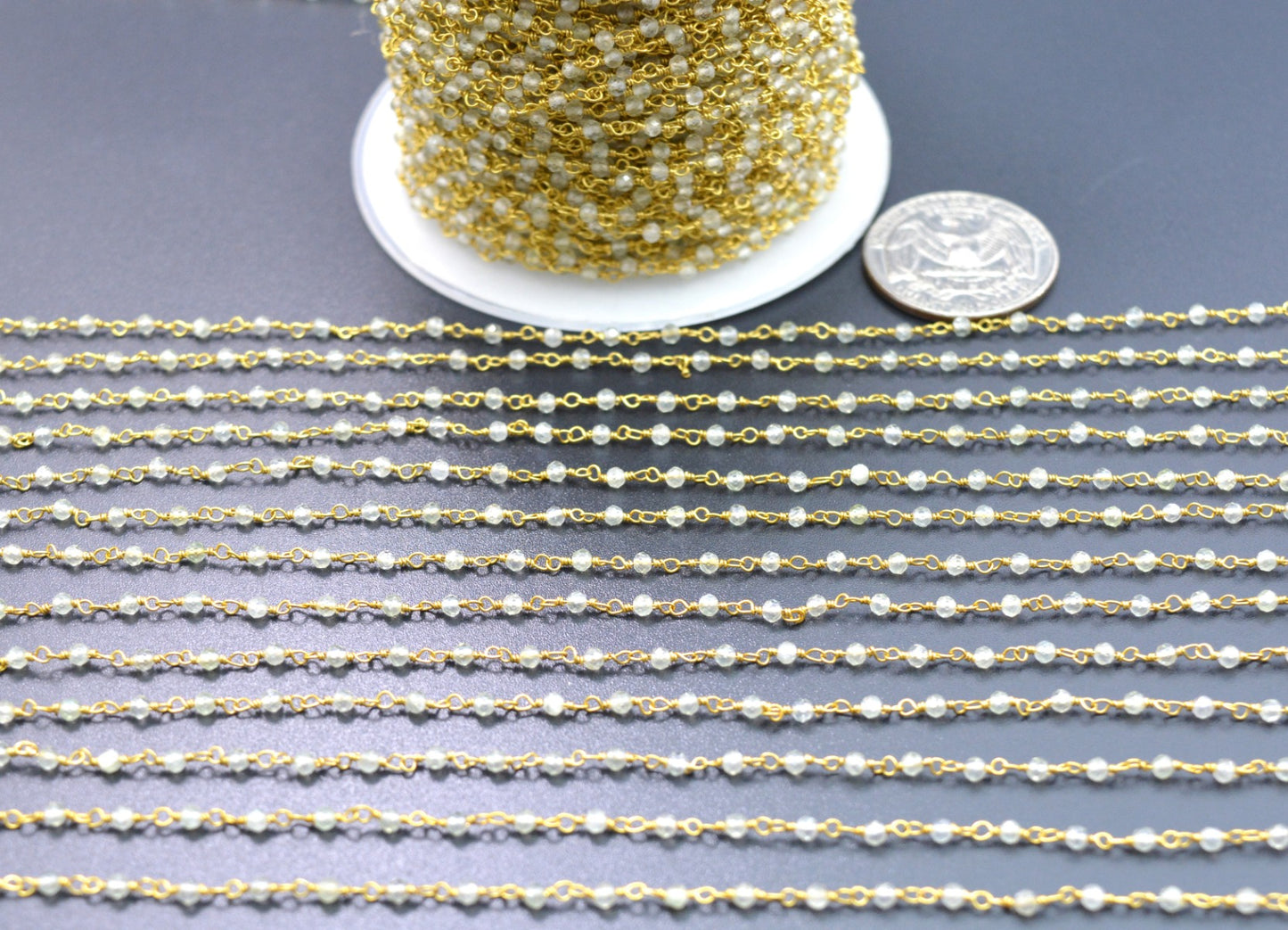 Unique Prehnite Rosary Chain in 925 Silver Gold - 2mm