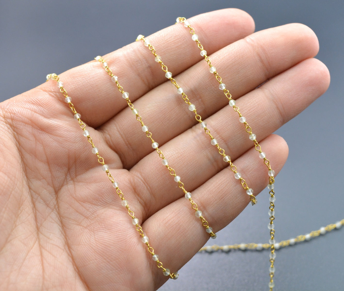 Unique Prehnite Rosary Chain in 925 Silver Gold - 2mm