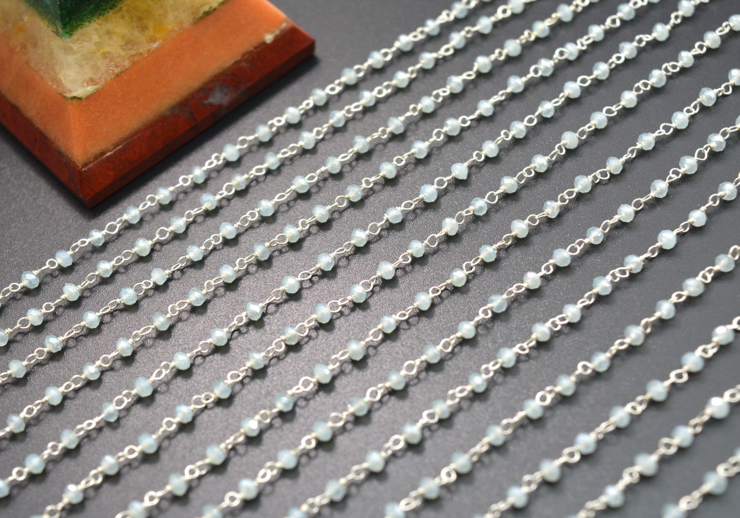 Chalcedony Rosary Chain - 925 Silver Gold, 3mm