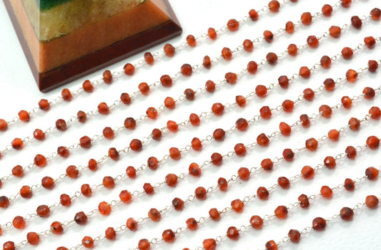 Carnelian Rosary Chain, 925 Sterling Silver, 3.5mm Faceted - view 3