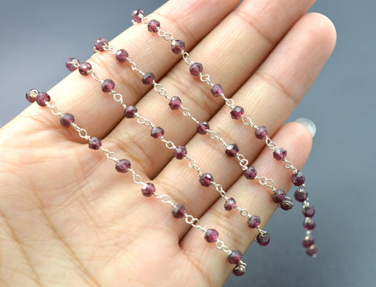 Garnet Rosary Chain, 925 Sterling Silver, 3mm Faceted - view 3