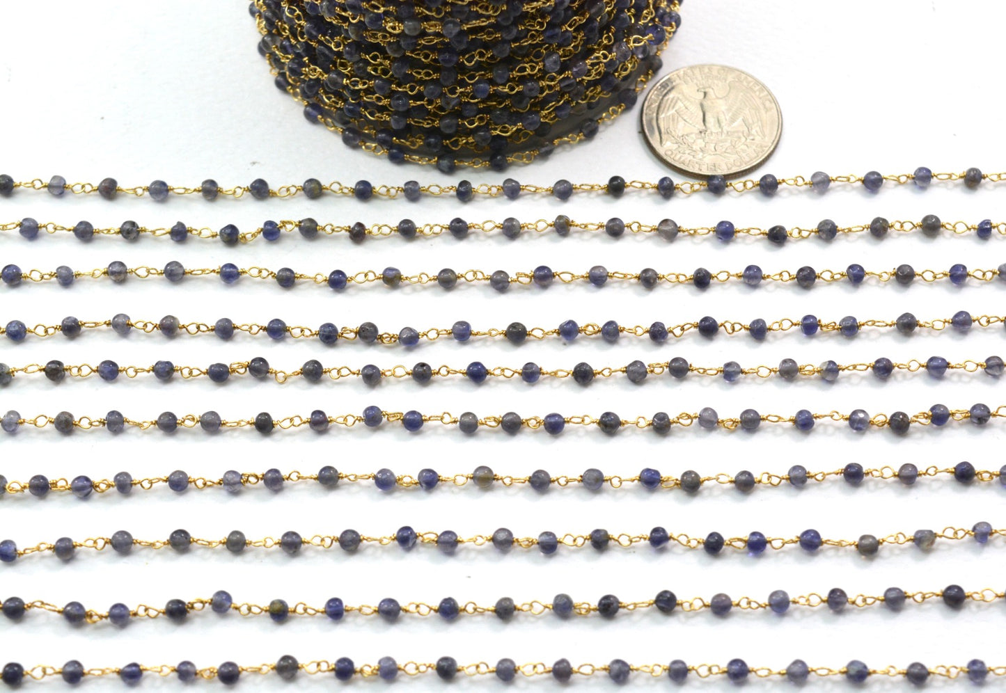 Graceful Iolite Rosary Chain in 925 Silver Gold - 3mm