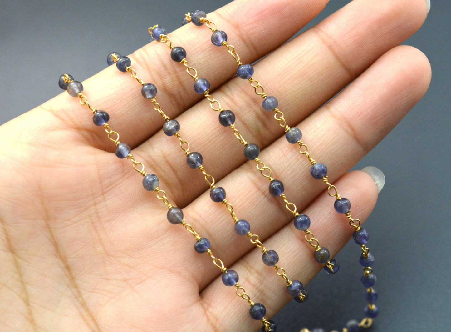 Graceful Iolite Rosary Chain in 925 Silver Gold - 3mm