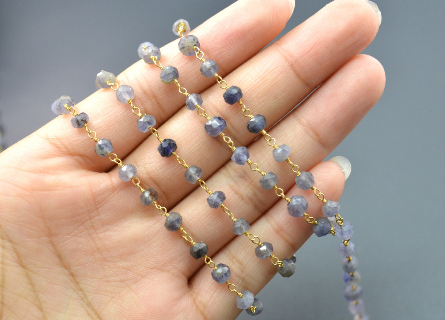 Iolite Rosary Chain - 925 Silver Gold, 4mm