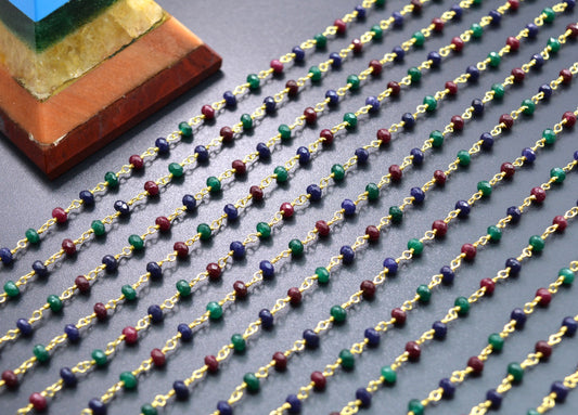 Multi Emerald & Ruby & Sapphire Rosary Chain, 925 Sterling Silver, 3mm Faceted - view 3