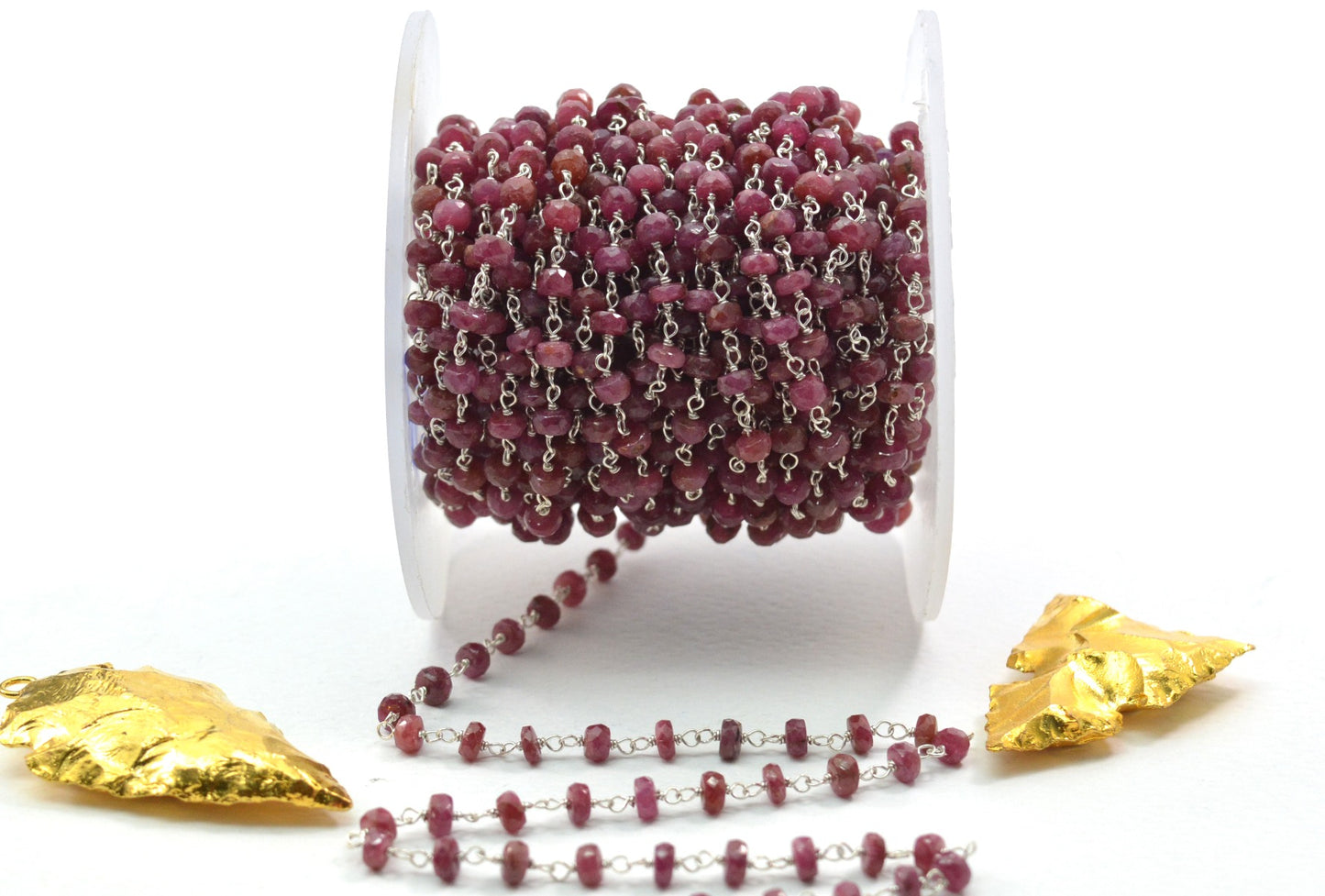 Handmade 925 Silver Gold Rosary Chain - Ruby 3.50mm