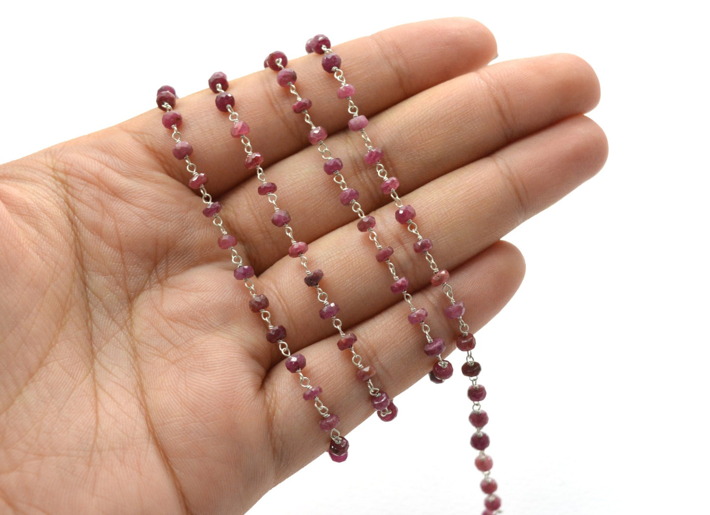 Handmade 925 Silver Gold Rosary Chain - Ruby 3.50mm
