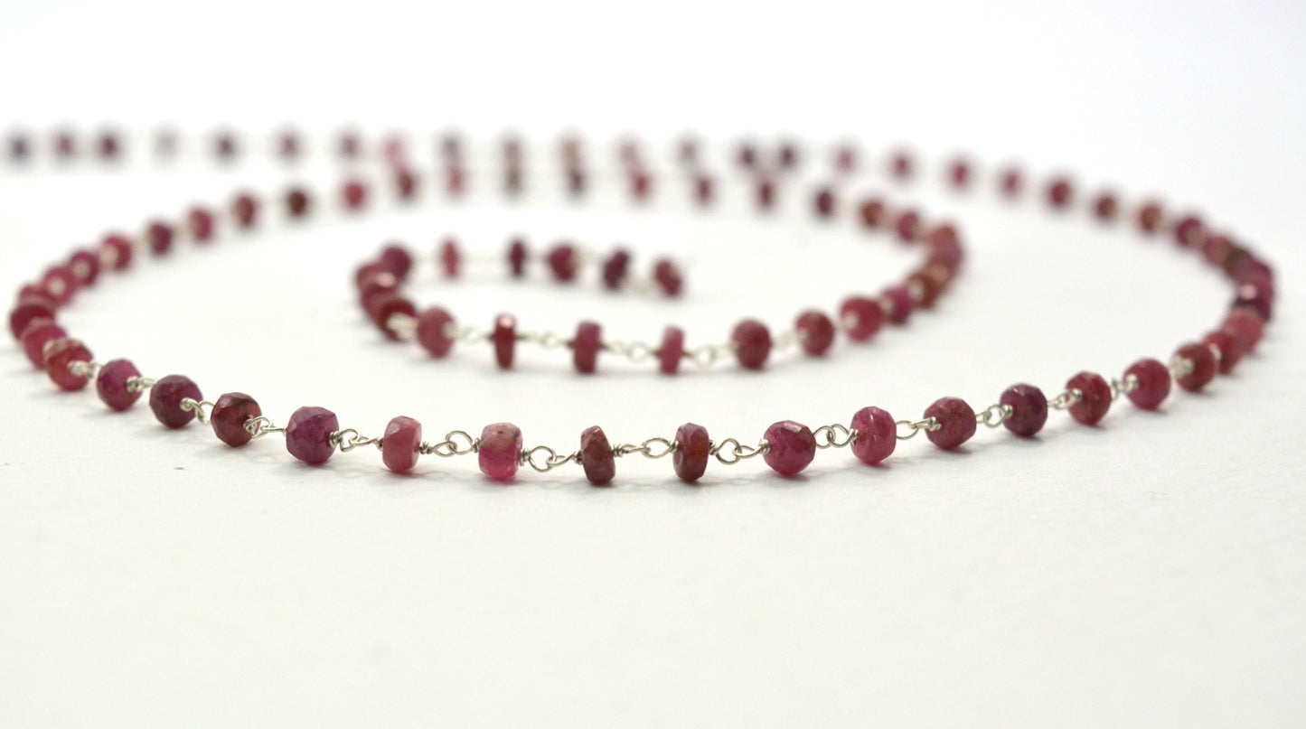 Handmade 925 Silver Gold Rosary Chain - Ruby 3.50mm