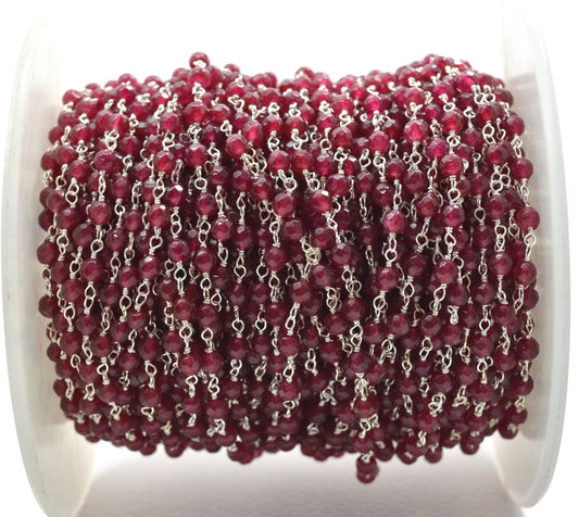 Ruby Chalcedony Rosary Chain, 925 Sterling Silver, 3.5mm Faceted - view 3
