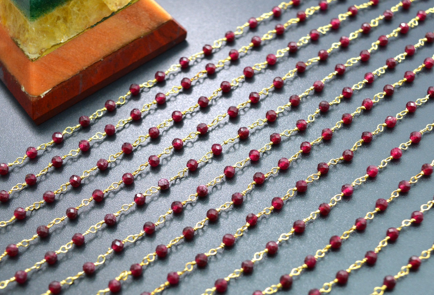 Stunning Garnet Rosary Chain in 925 Silver Gold - 3mm