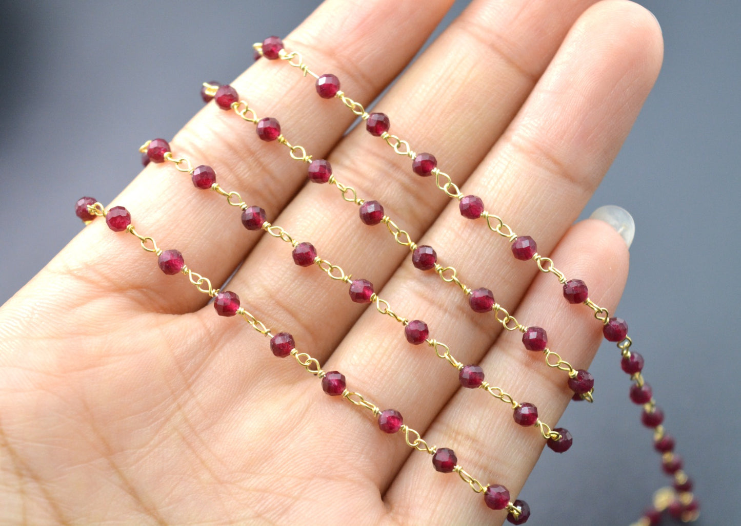 Stunning Garnet Rosary Chain in 925 Silver Gold - 3mm