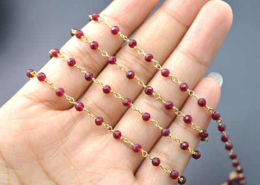 Red Garnet Rosary Chain, 925 Sterling Silver, 3mm Faceted - view 3