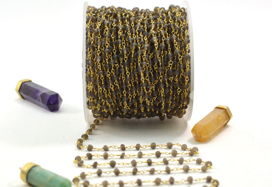 Smoky Quartz Rosary Chain, 925 Sterling Silver, 3mm Faceted - view 3