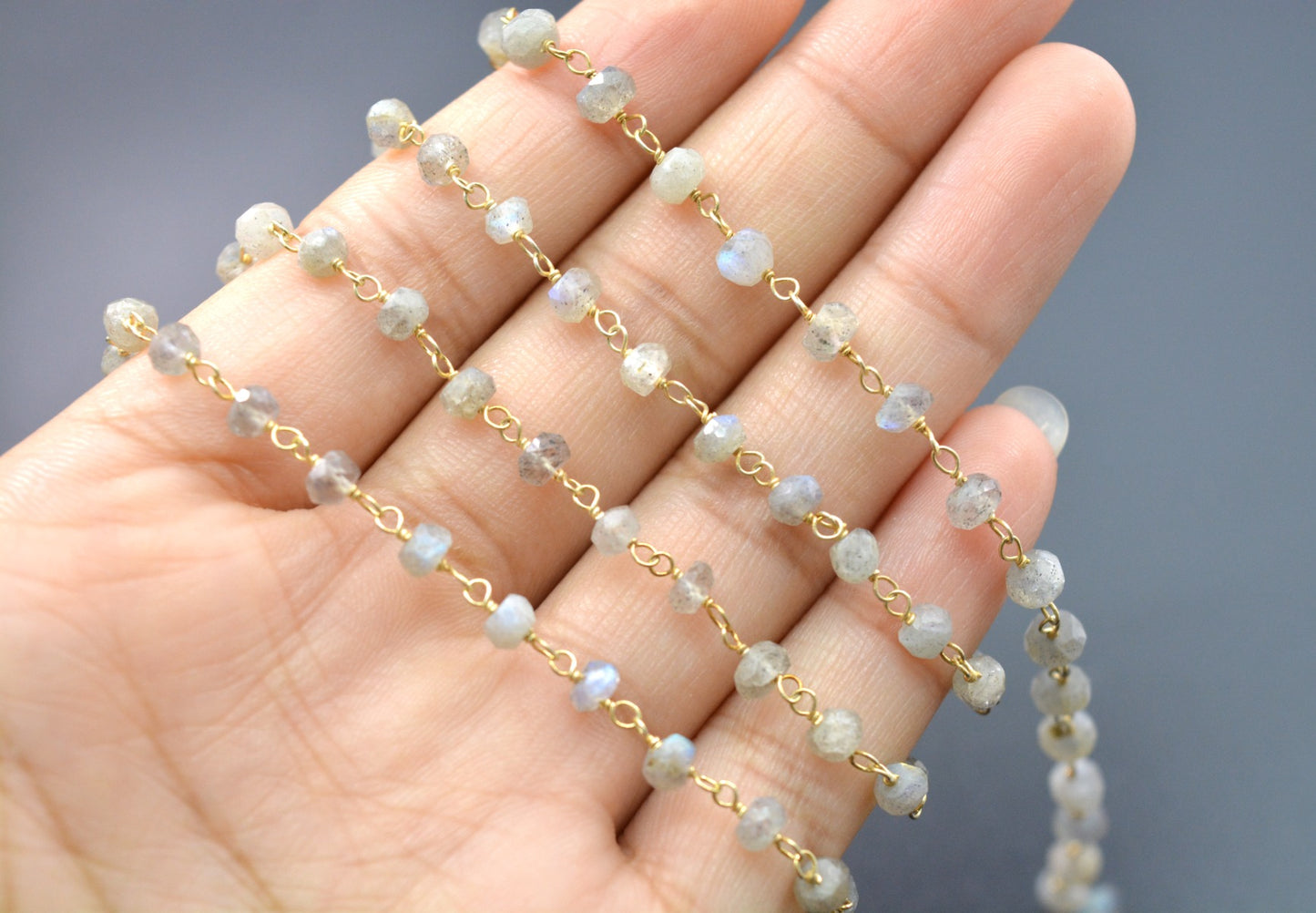 Classic Labradorite Rosary Chain in 925 Silver Gold - 3.50mm