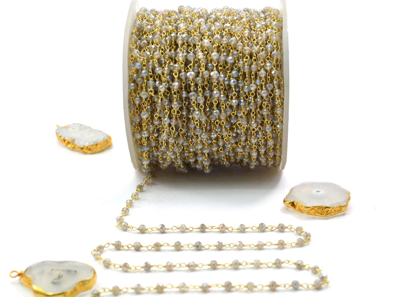 Labradorite Rosary Chain - 925 Gold Silver, 3mm