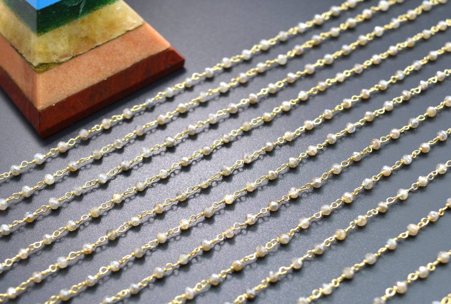 Labradorite Rosary Chain - 925 Gold Silver, 3mm