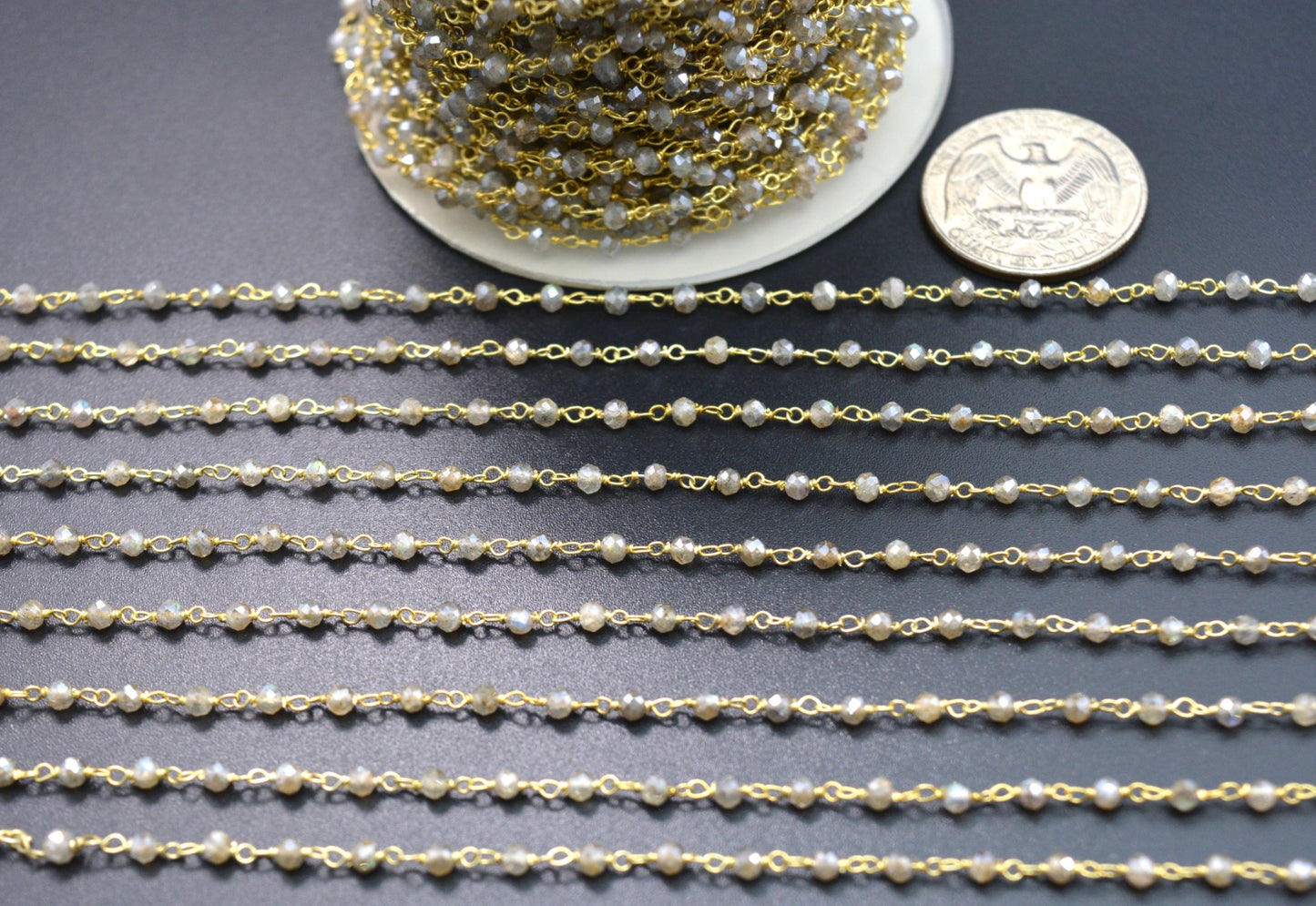 Labradorite Rosary Chain - 925 Gold Silver, 3mm