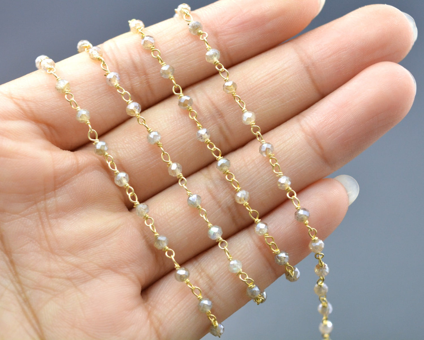 Labradorite Rosary Chain - 925 Gold Silver, 3mm