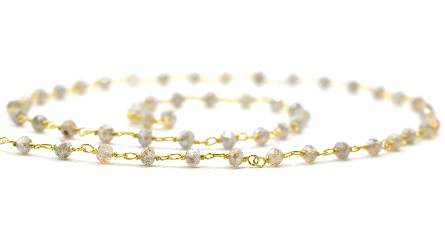 Labradorite Rosary Chain - 925 Gold Silver, 3mm