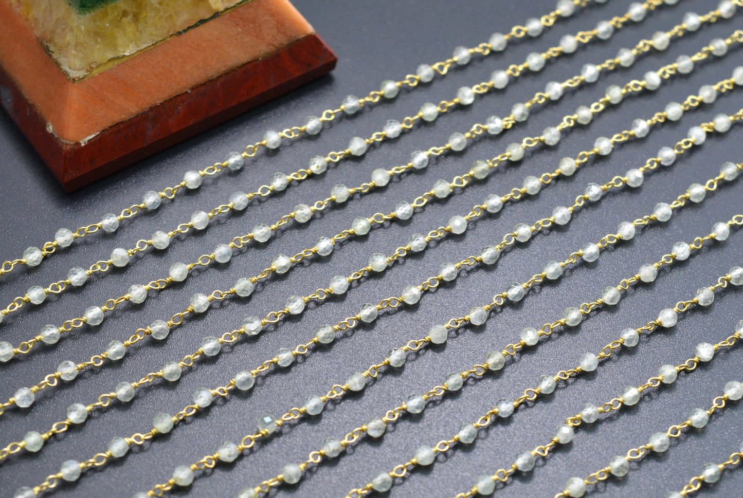 925 Silver Gold Rosary Chain with Prehnite - 3mm