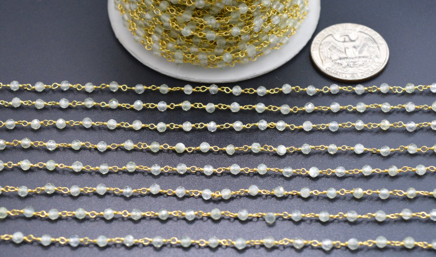 925 Silver Gold Rosary Chain with Prehnite - 3mm