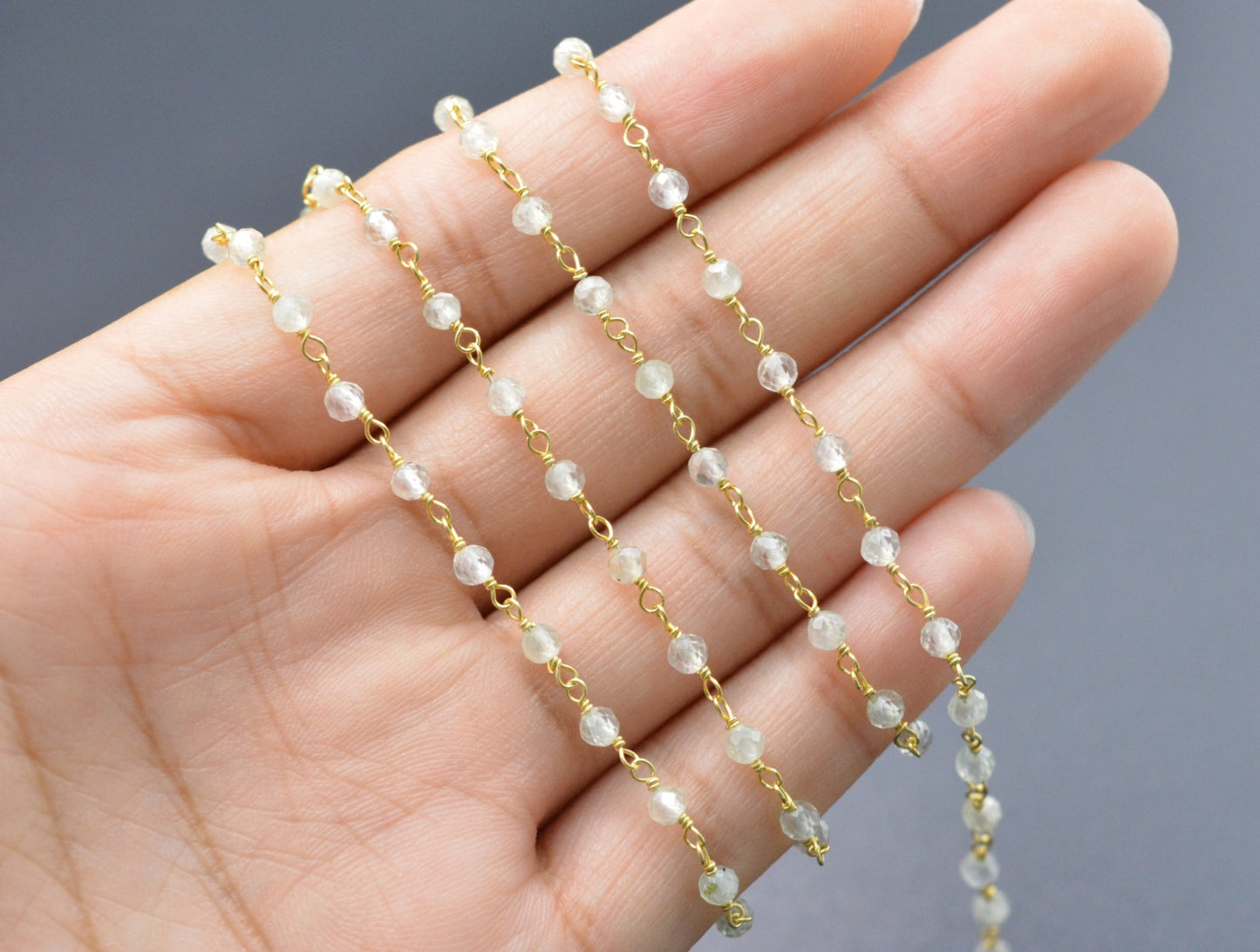 925 Silver Gold Rosary Chain with Prehnite - 3mm