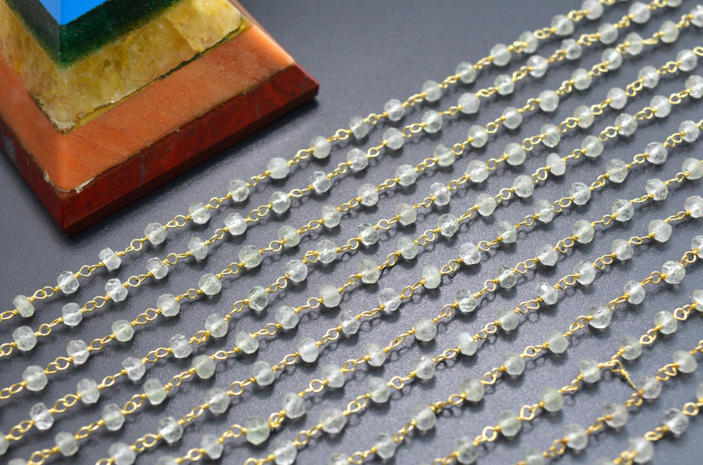 Graceful 925 Silver Gold Rosary Chain - Prehnite 3mm