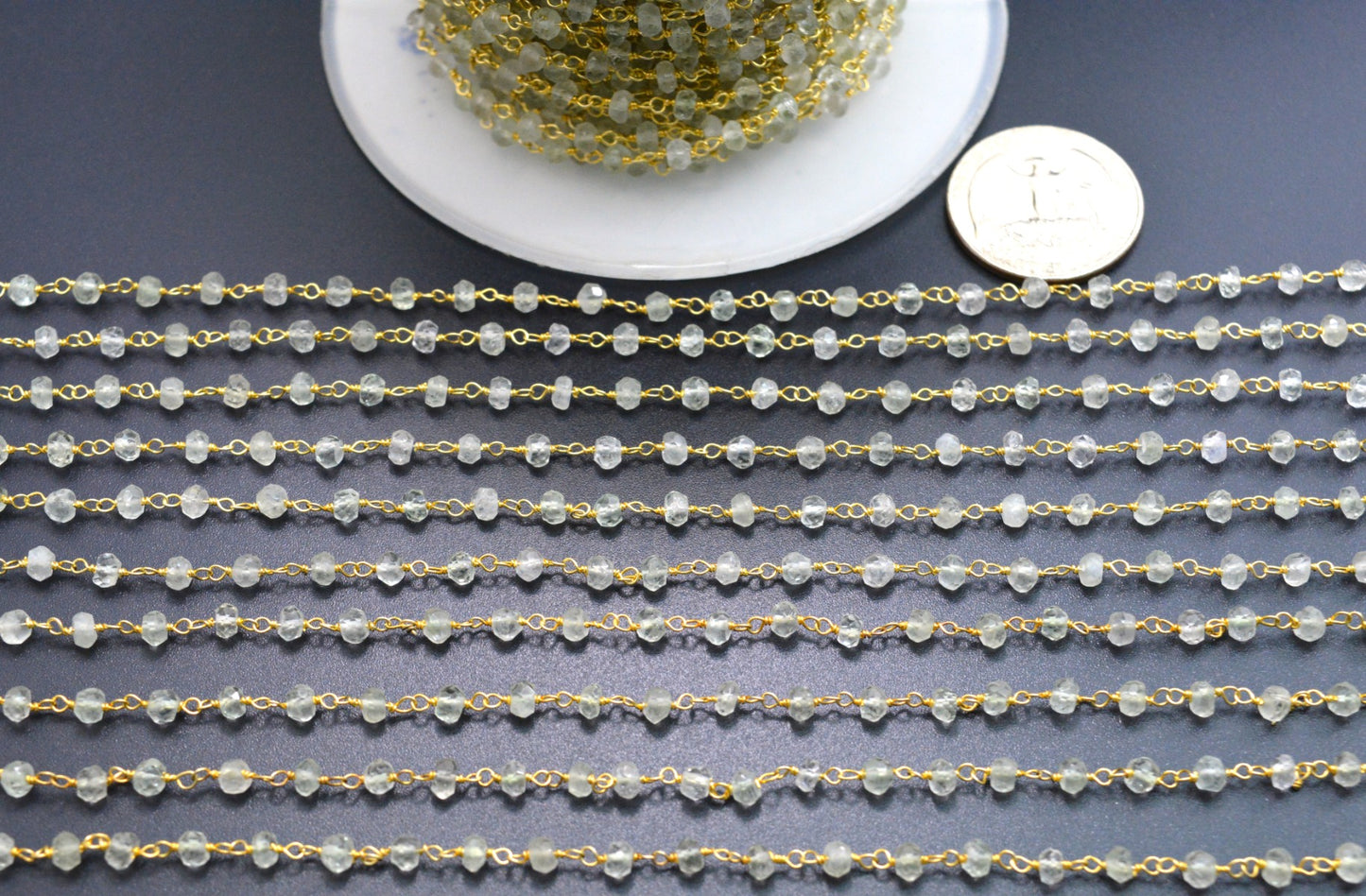 Graceful 925 Silver Gold Rosary Chain - Prehnite 3mm