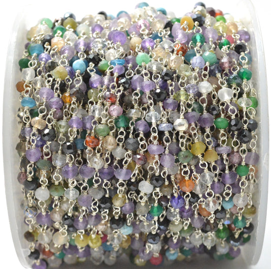 Multi Stone Rosary Chain - 925 Gold Silver, 2mm