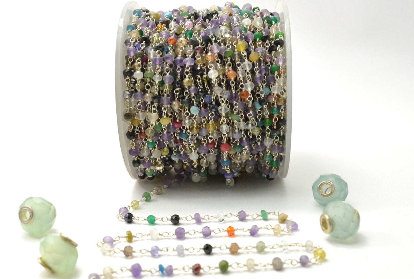 Multi Stone Rosary Chain - 925 Gold Silver, 2mm