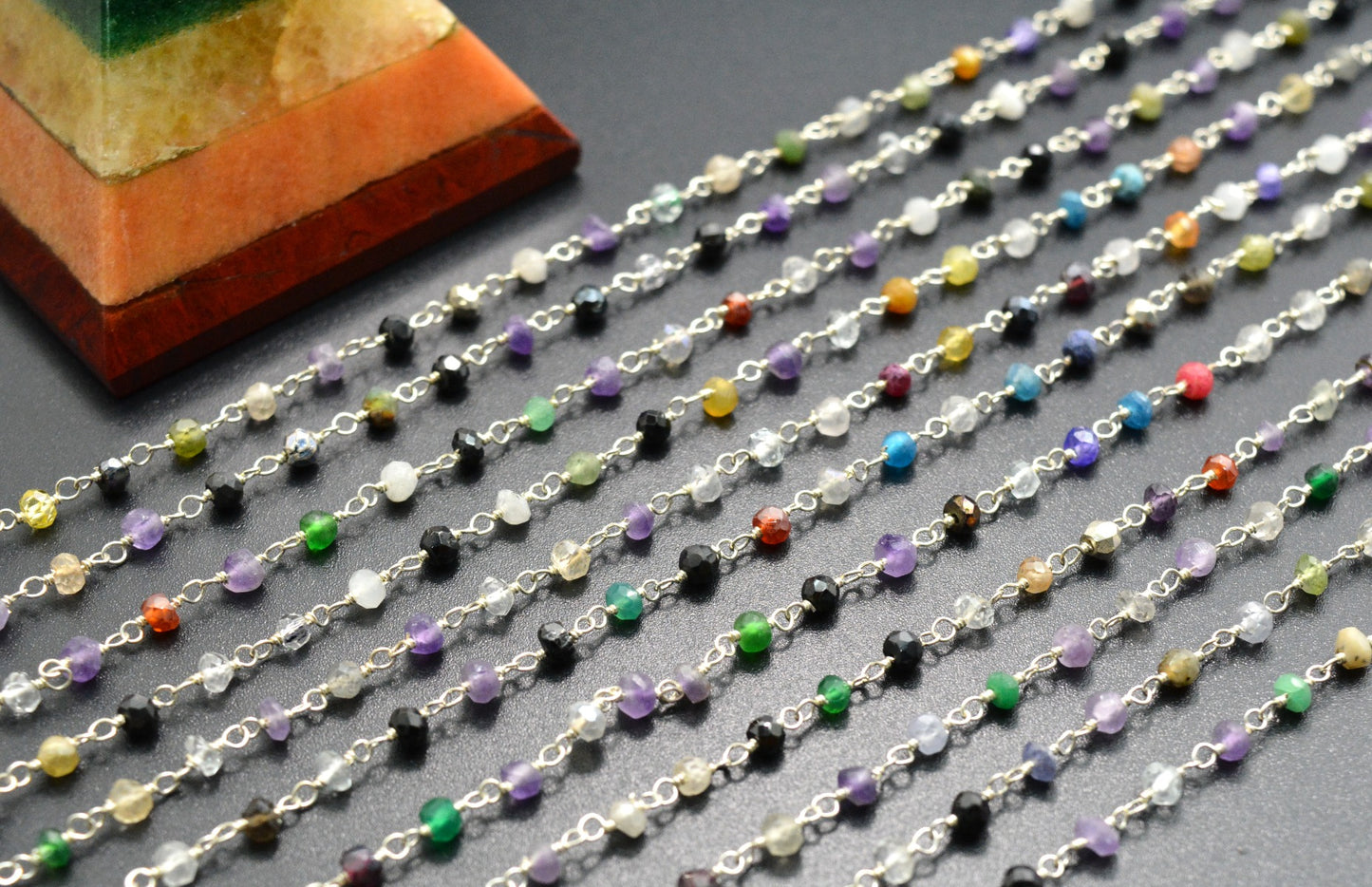 Multi Stone Rosary Chain - 925 Gold Silver, 2mm