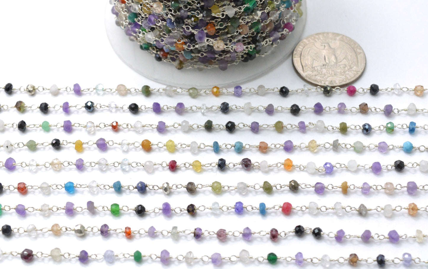 Multi Stone Rosary Chain - 925 Gold Silver, 2mm