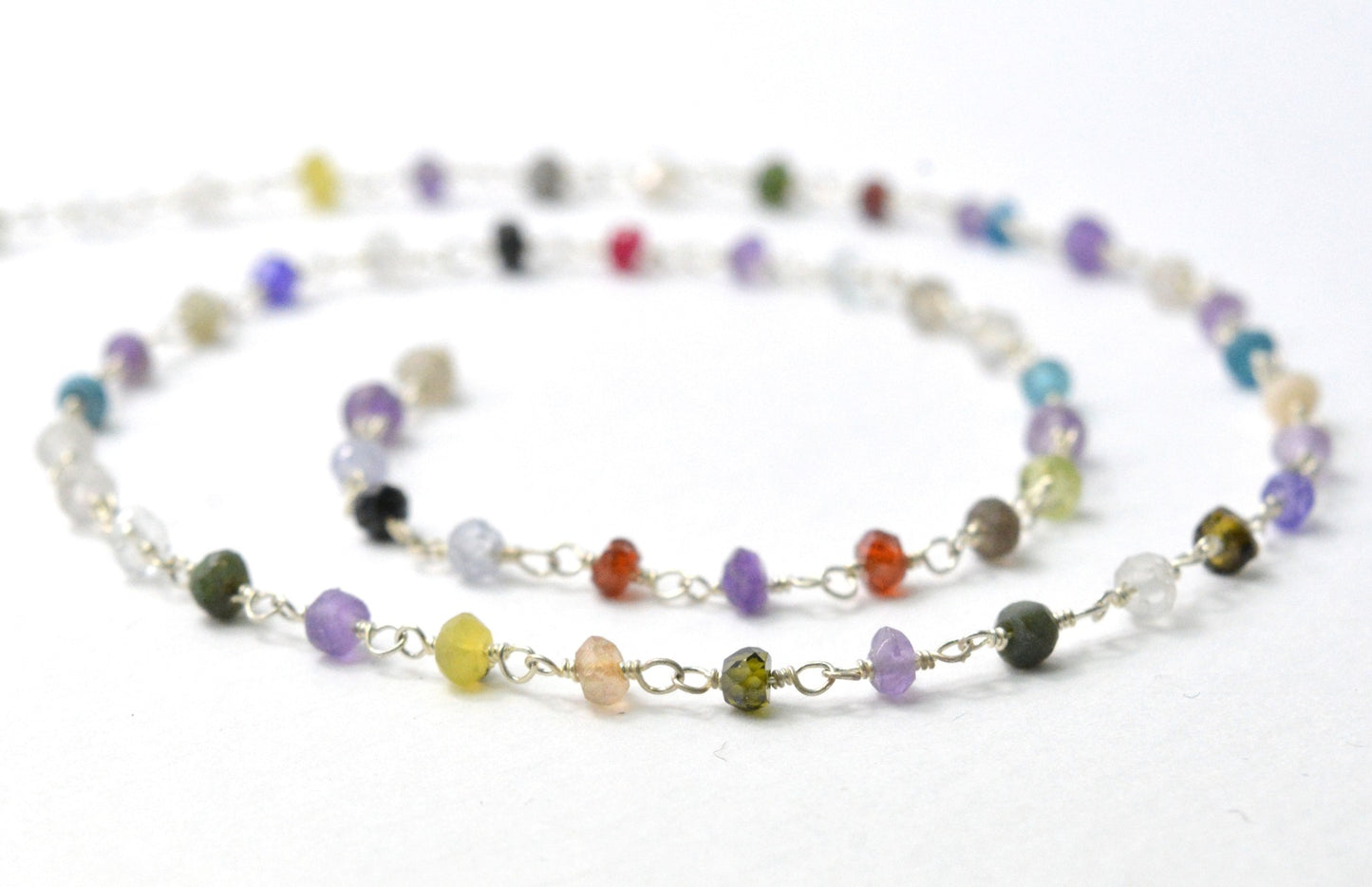 Multi Stone Rosary Chain - 925 Gold Silver, 2mm