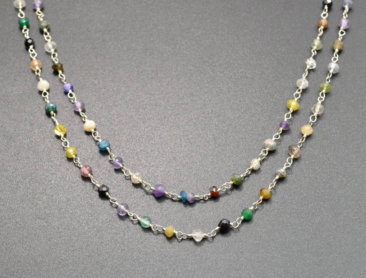 Multi Stone Rosary Chain - 925 Gold Silver, 2mm