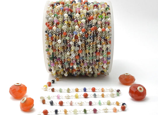 Multi Stone Rosary Chain - 925 Gold Silver, 3mm