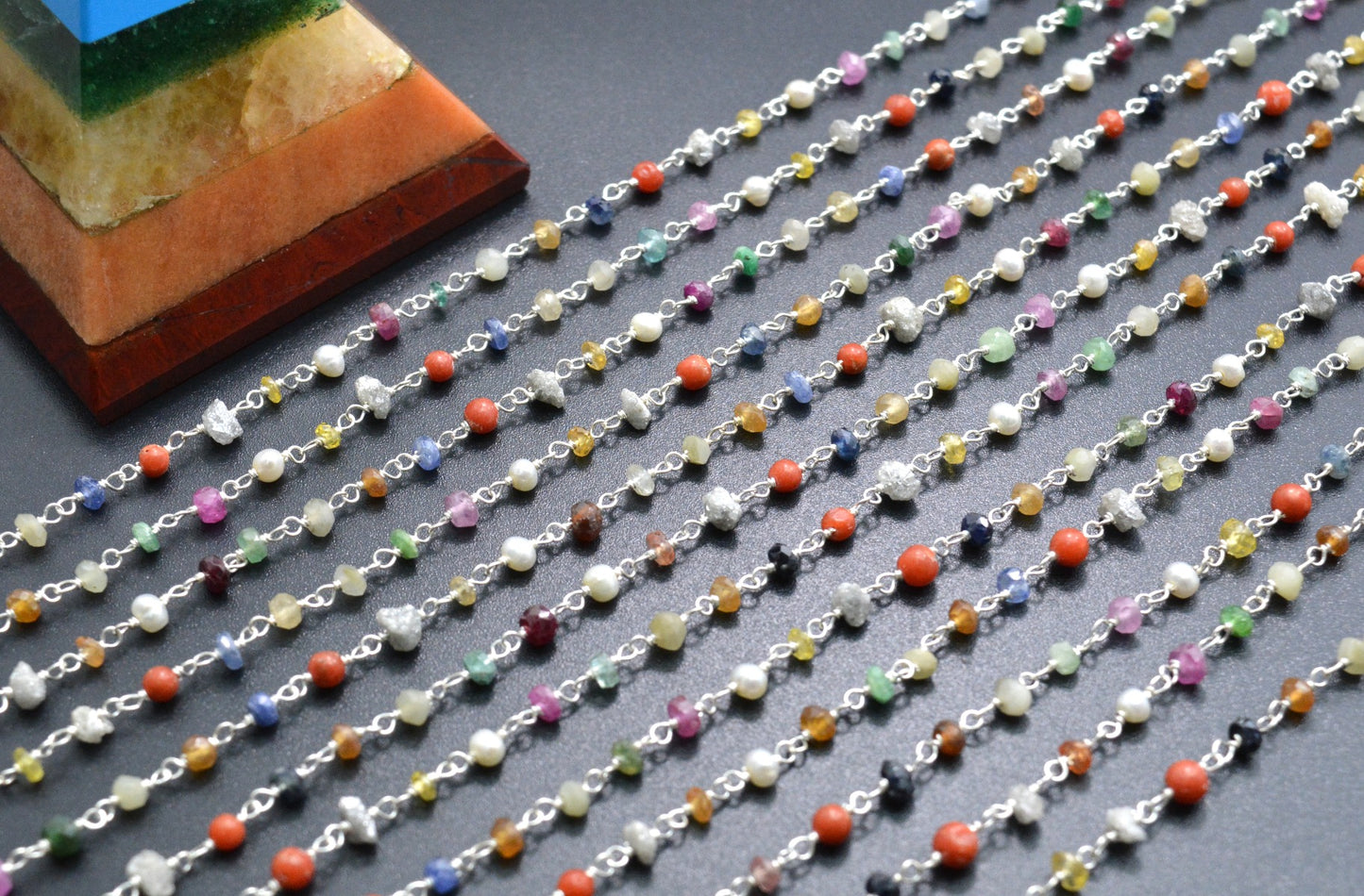 Multi Stone Rosary Chain - 925 Gold Silver, 3mm