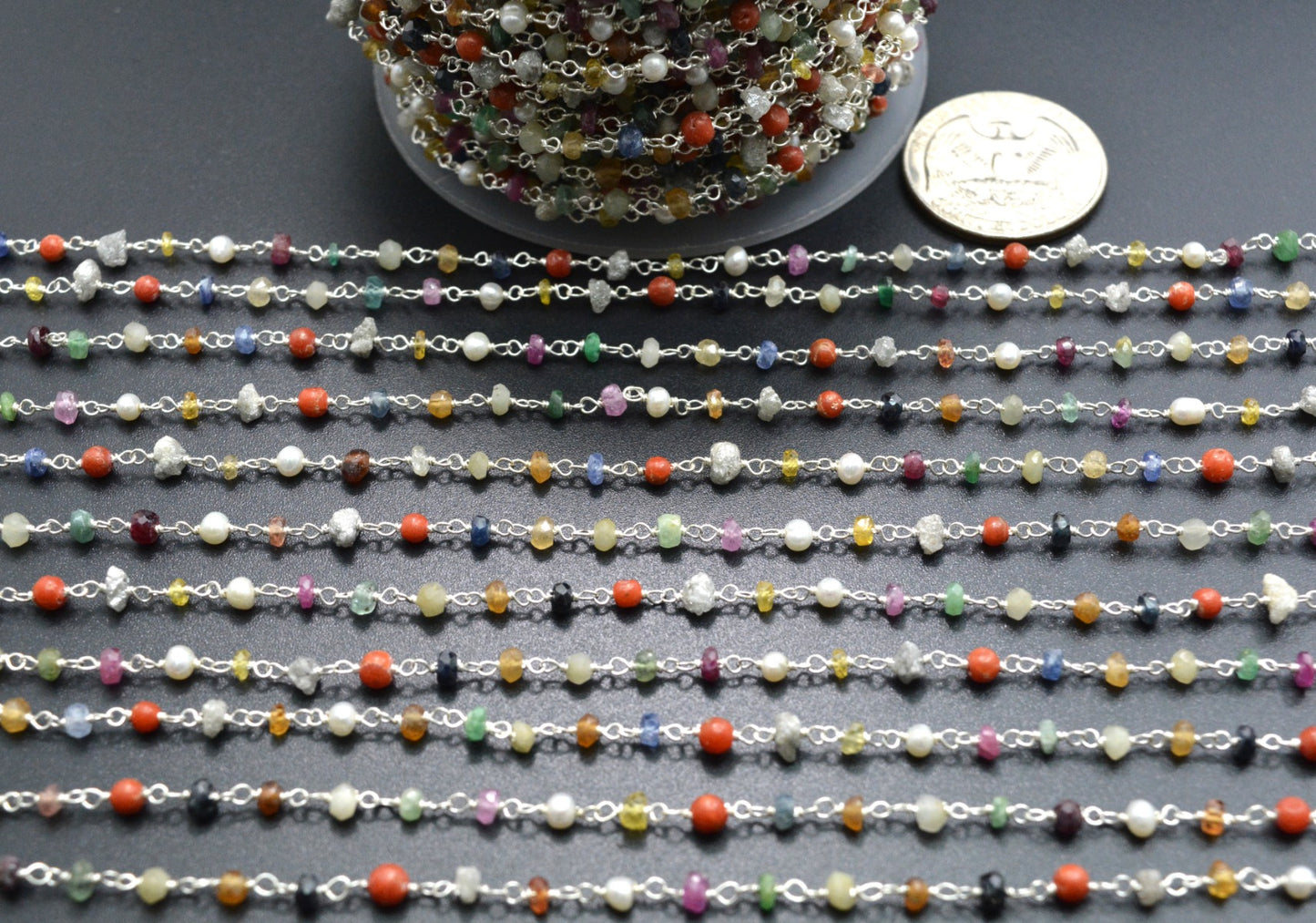 Multi Stone Rosary Chain - 925 Gold Silver, 3mm