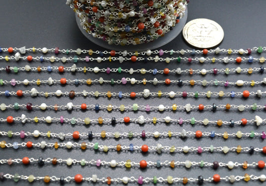 Multi Stone Rosary Chain - 925 Gold Silver, 3mm - view 3