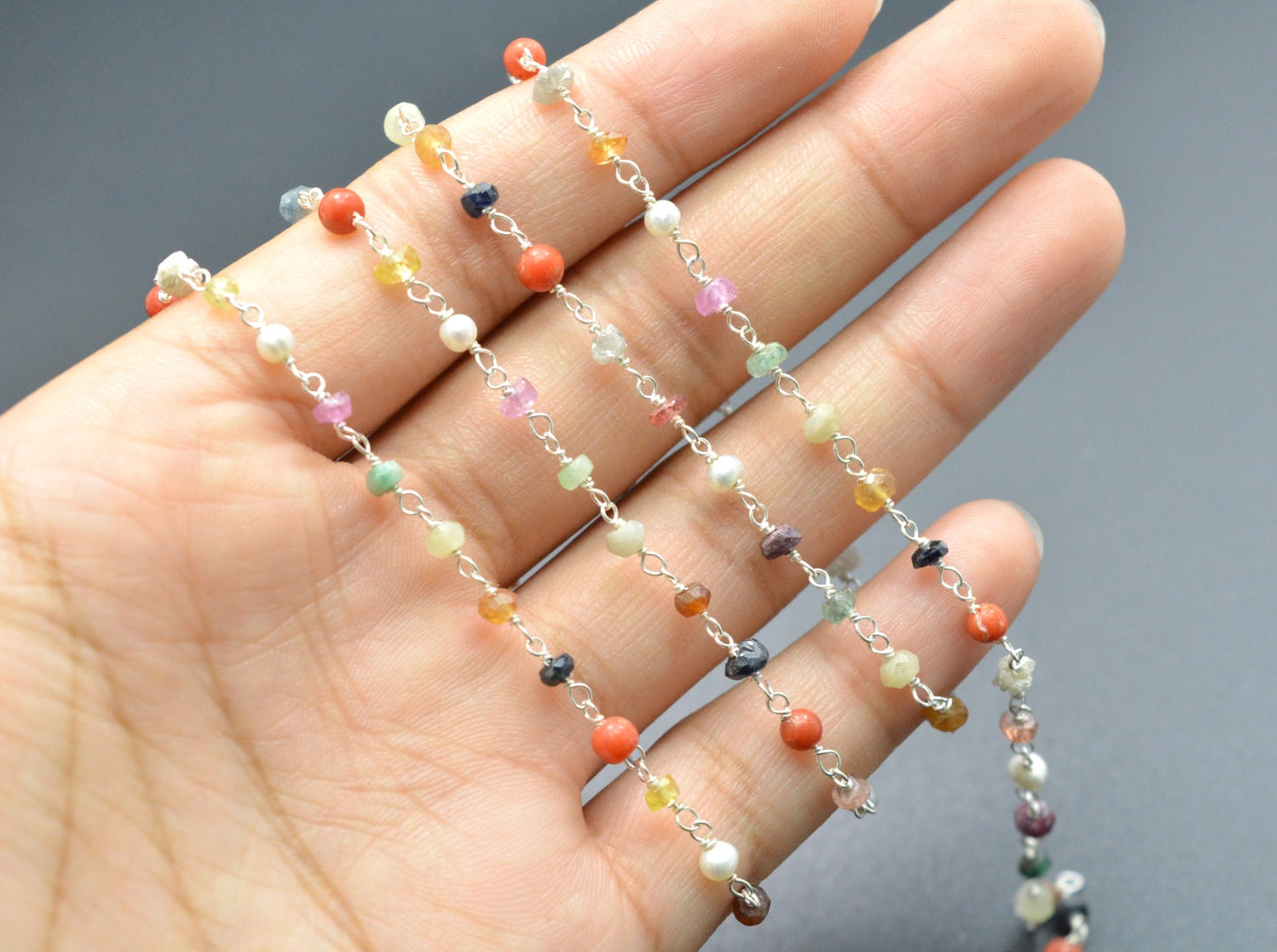 Multi Stone Rosary Chain - 925 Gold Silver, 3mm