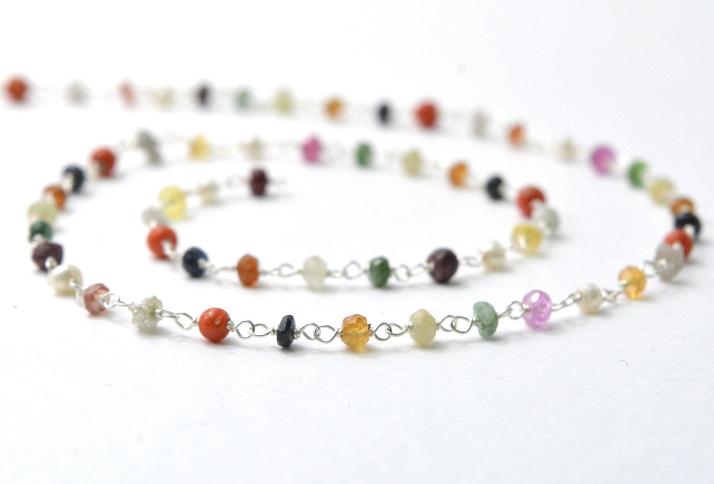 Multi Stone Rosary Chain - 925 Gold Silver, 3mm