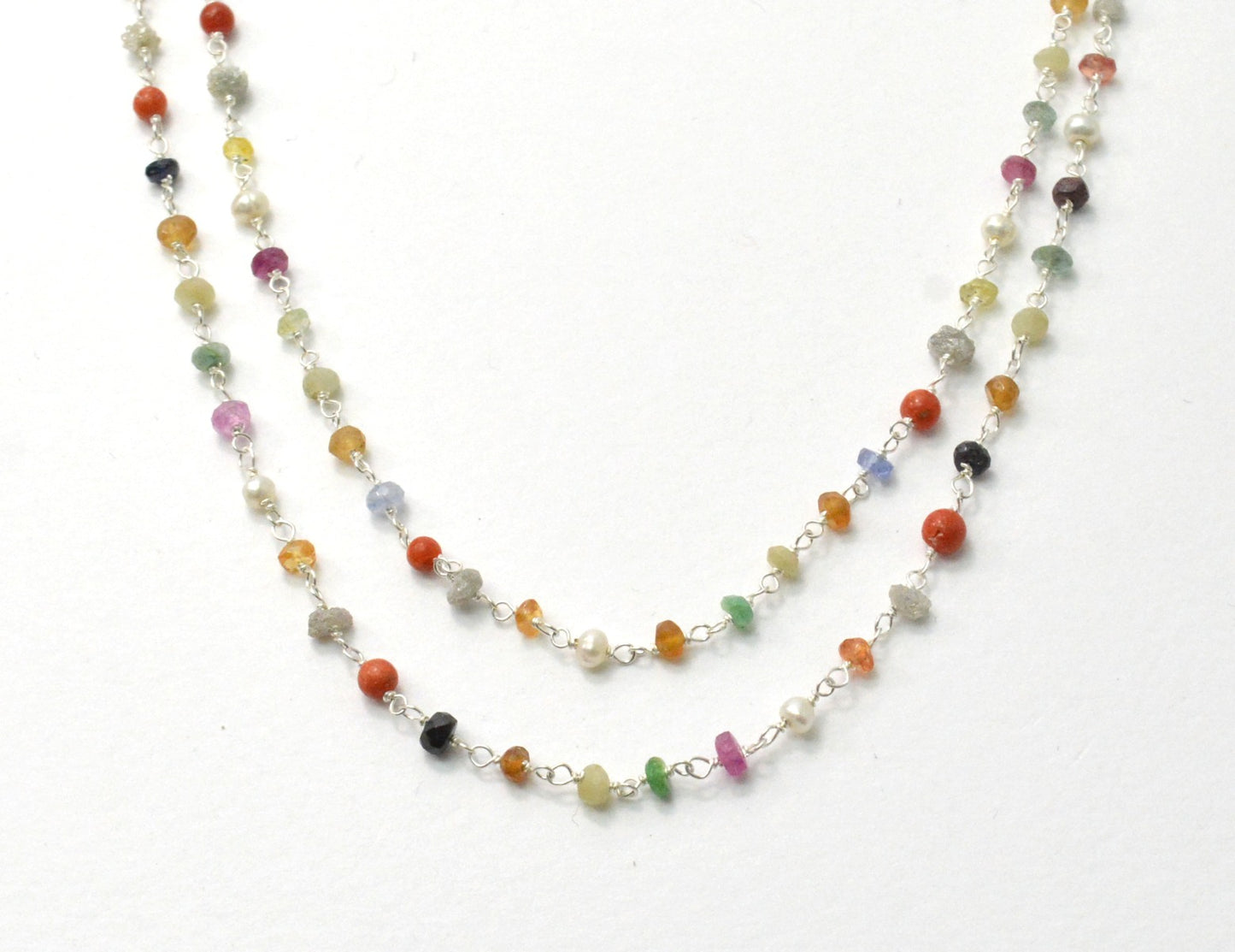 Multi Stone Rosary Chain - 925 Gold Silver, 3mm