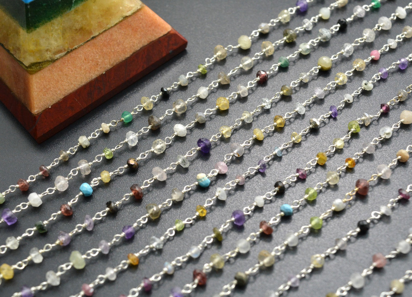 Stylish Multi Stone Rosary Chain in 925 Gold Silver - 3mm