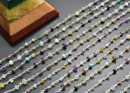 Stylish Multi Stone Rosary Chain in 925 Gold Silver - 3mm