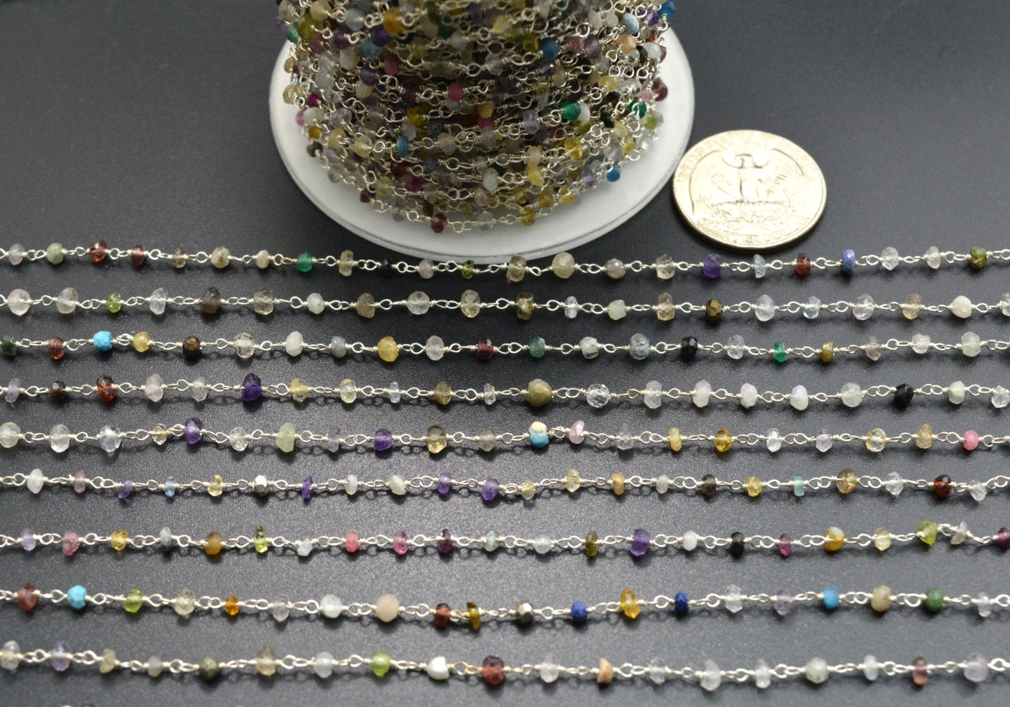 Stylish Multi Stone Rosary Chain in 925 Gold Silver - 3mm