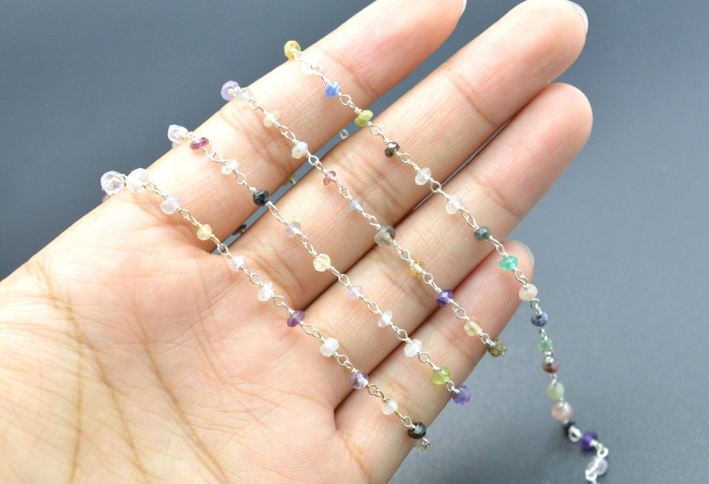 Stylish Multi Stone Rosary Chain in 925 Gold Silver - 3mm