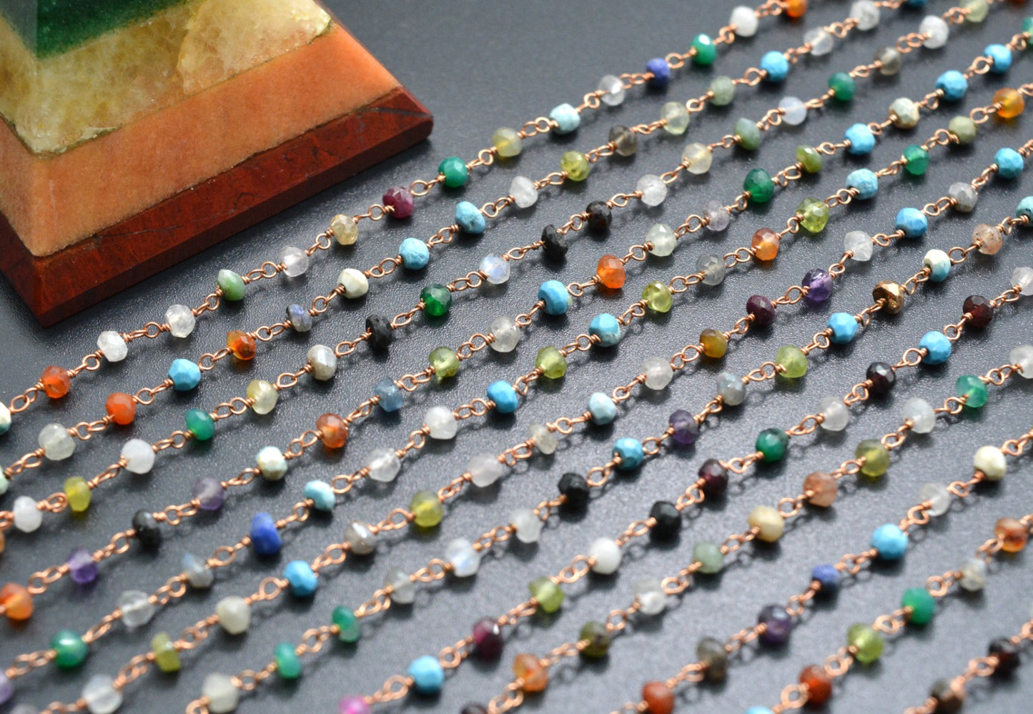 925 Gold Silver Rosary Chain with Multi Stone - 3mm