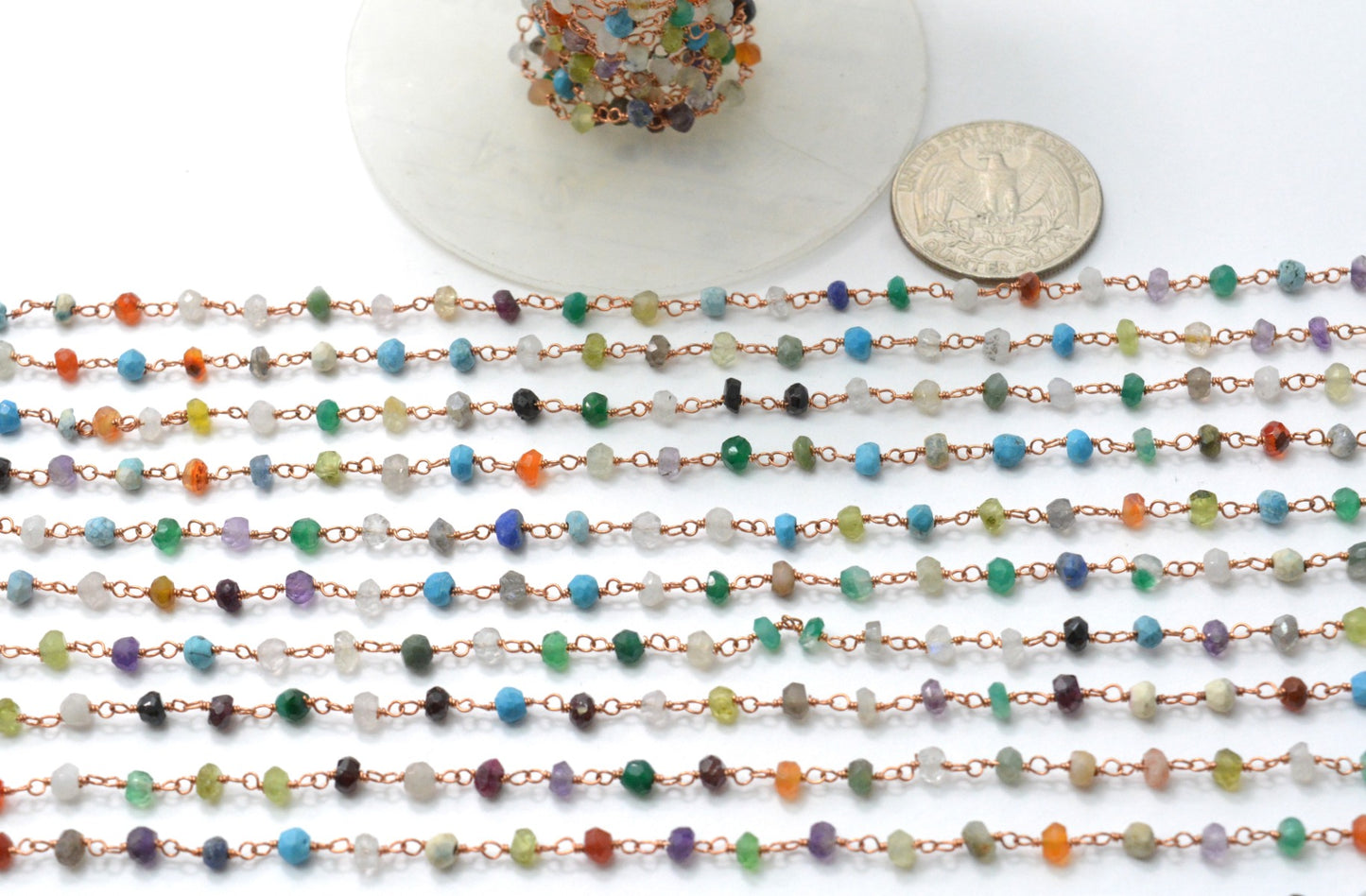 925 Gold Silver Rosary Chain with Multi Stone - 3mm