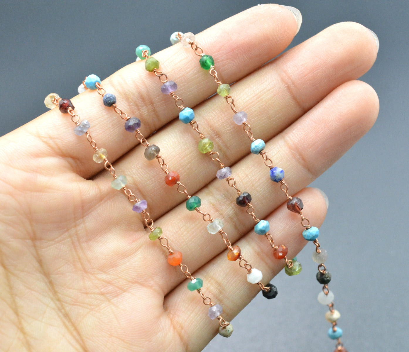 925 Gold Silver Rosary Chain with Multi Stone - 3mm